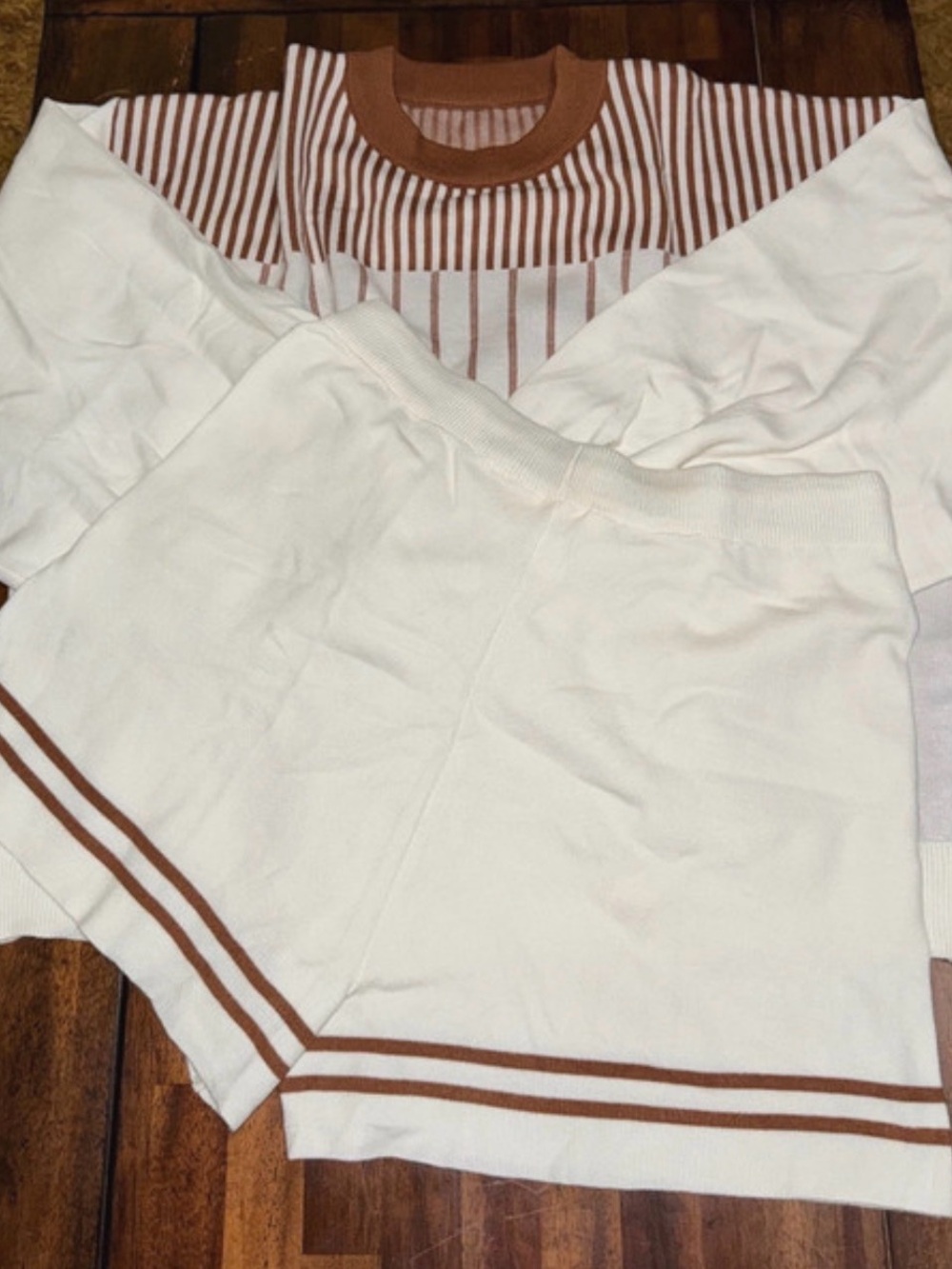Striped Crewneck Sweater and Shorts Set - Cream & Brown